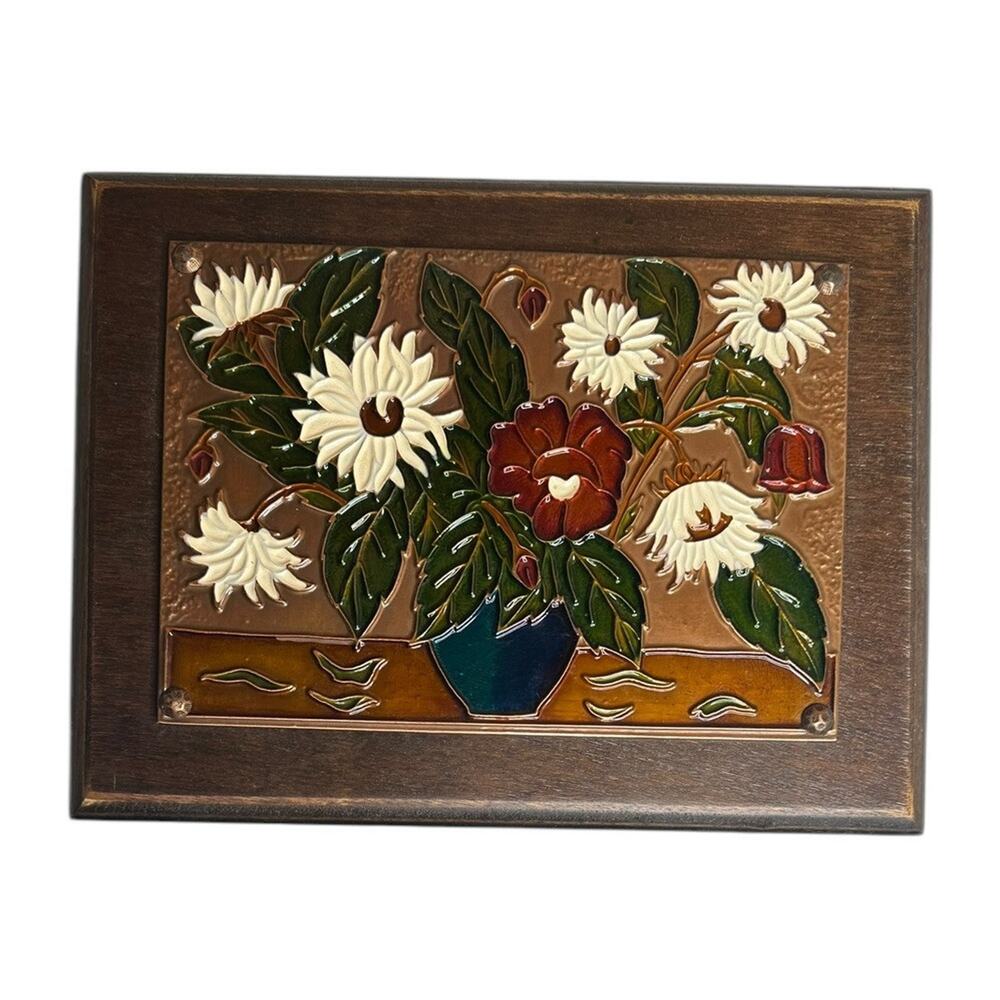 Vtg Greek Enamel on Copper Wall Plaque AETHRA Flowers in Vase Greece 12.5 x 9 in